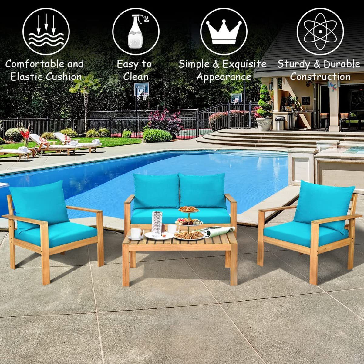 Tangkula Outdoor 4-Piece Acacia Wood Chat Set - HW64146WH-C+HW64146TU+