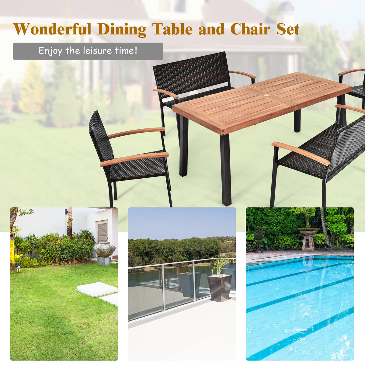 Tangkula 5 Pieces Wicker Patio Dining Set, Patiojoy Outdoor Rattan Backyard Porch Garden Dining Set - HW66354+2*OP70702+OP70689