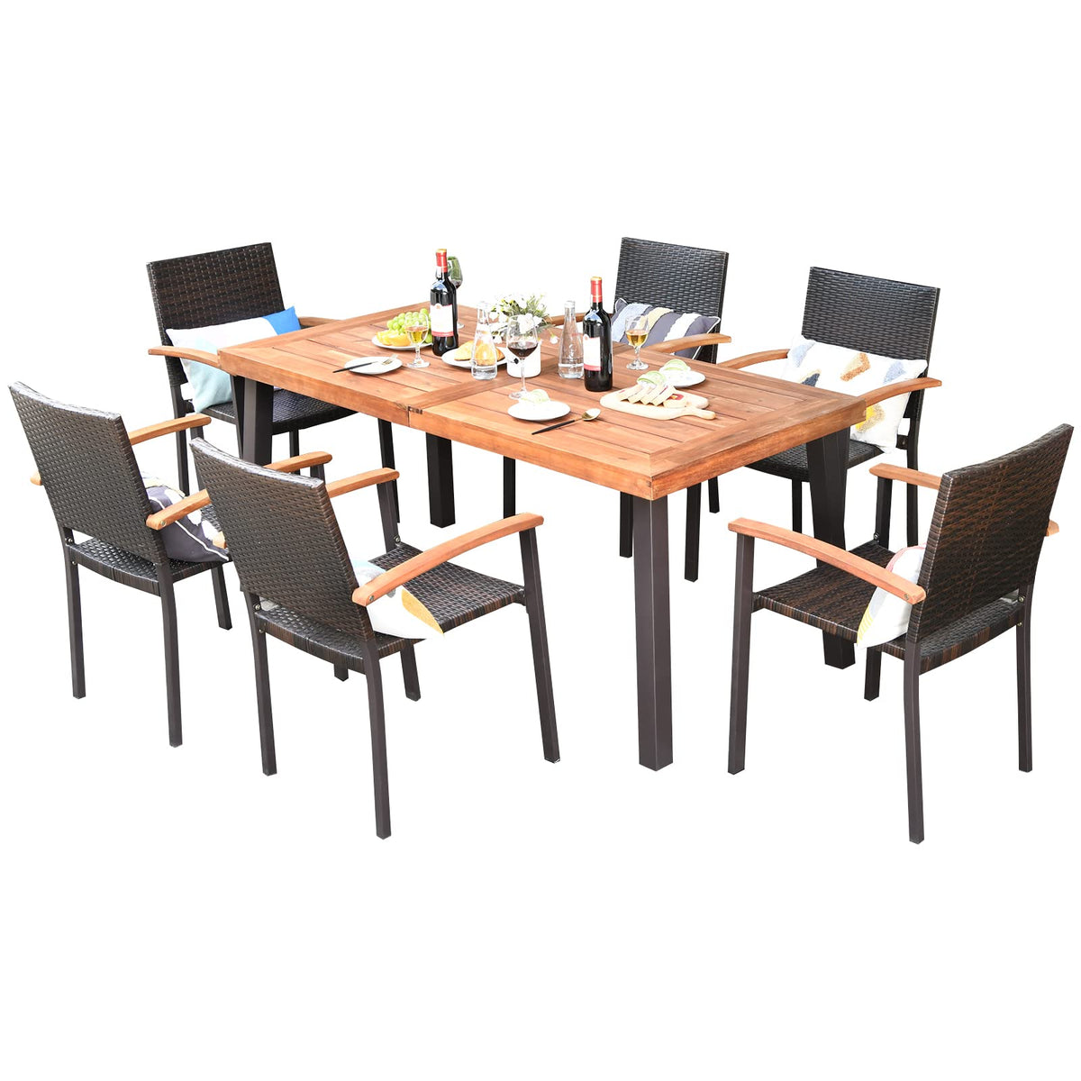 Tangkula 7-Piece Wicker Patio Dining Set, Patiojoy Outdoor Rattan Garden Yard Furniture Set - HW66354+OP70689+OP70690