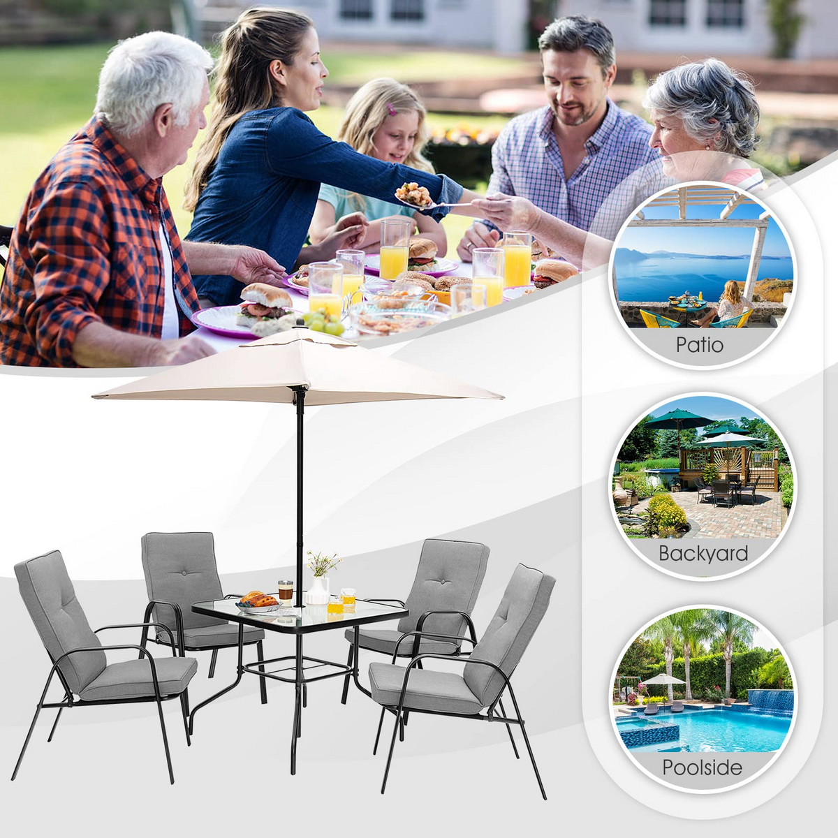 Tangkula 5 Piece Patio Dining Set, Outdoor 35 Inches Square Tempered Glass Table - NP10405-13+NP10405-23