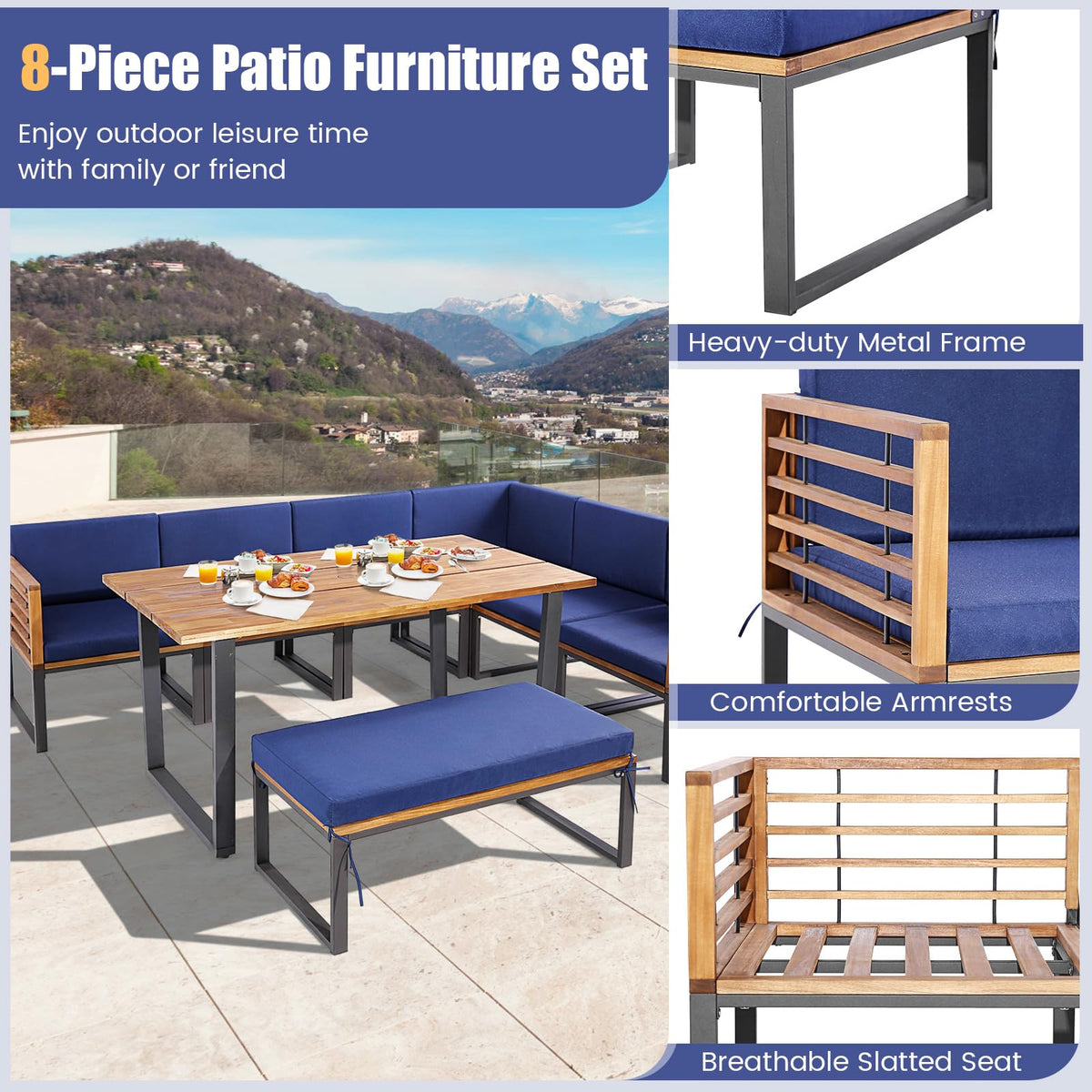 Tangkula 8 Piece Patio Dining Set, Acacia Wood Conversation Sofa Set - HW71004NY+