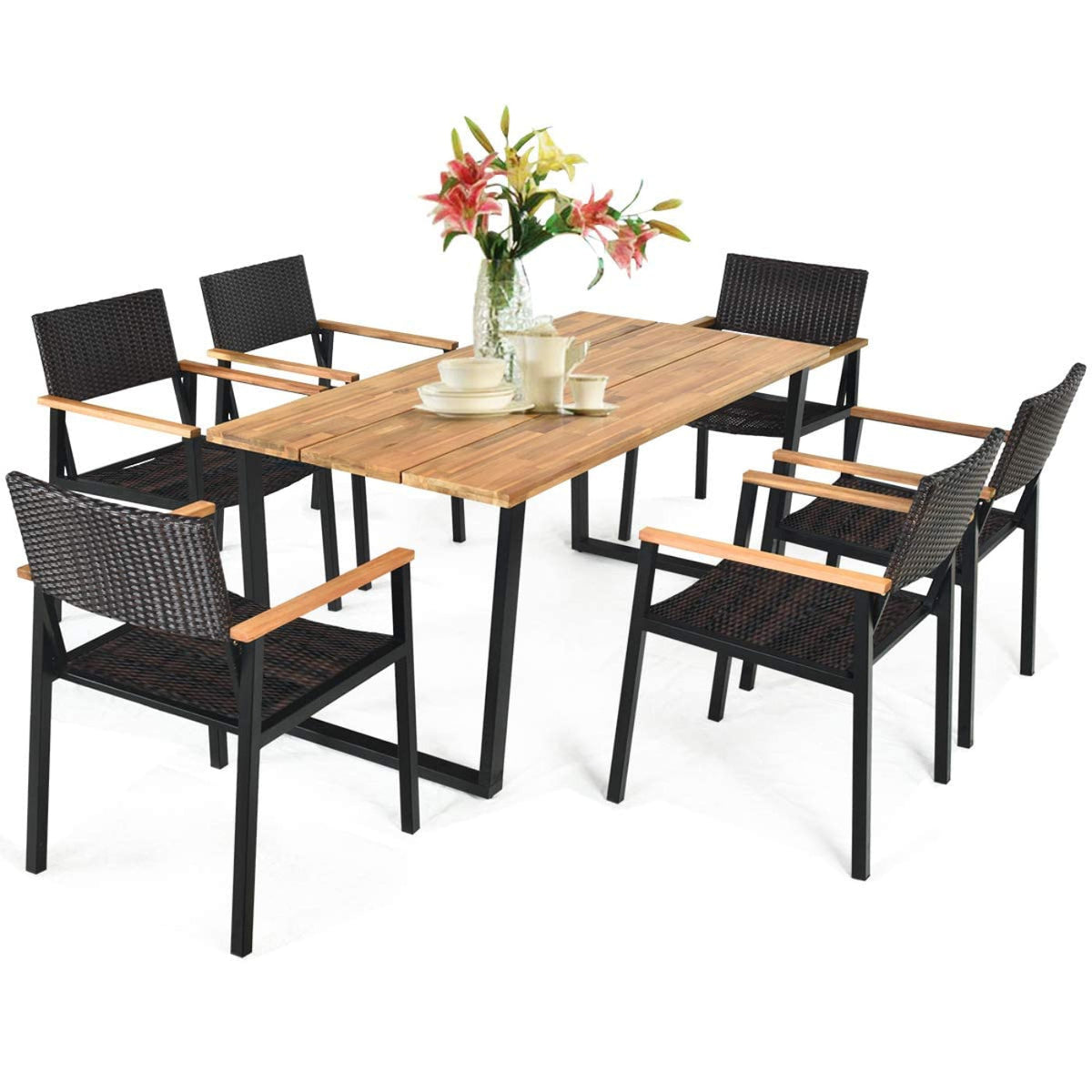 Tangkula 7 Pieces Outdoor Patio Dining Set, Patiojoy Outdoor Conversation Set - HW65219A+
