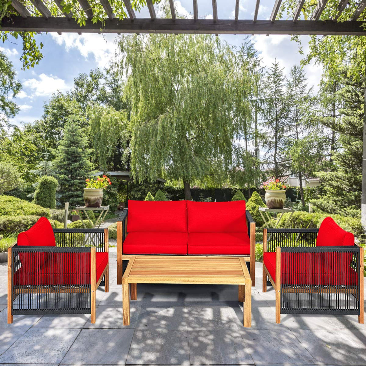 Tangkula Outdoor Wood Furniture Set, Acacia Wood Frame Loveseat Sofa, 2 Single Chairs and Coffee Table - HW63868RE