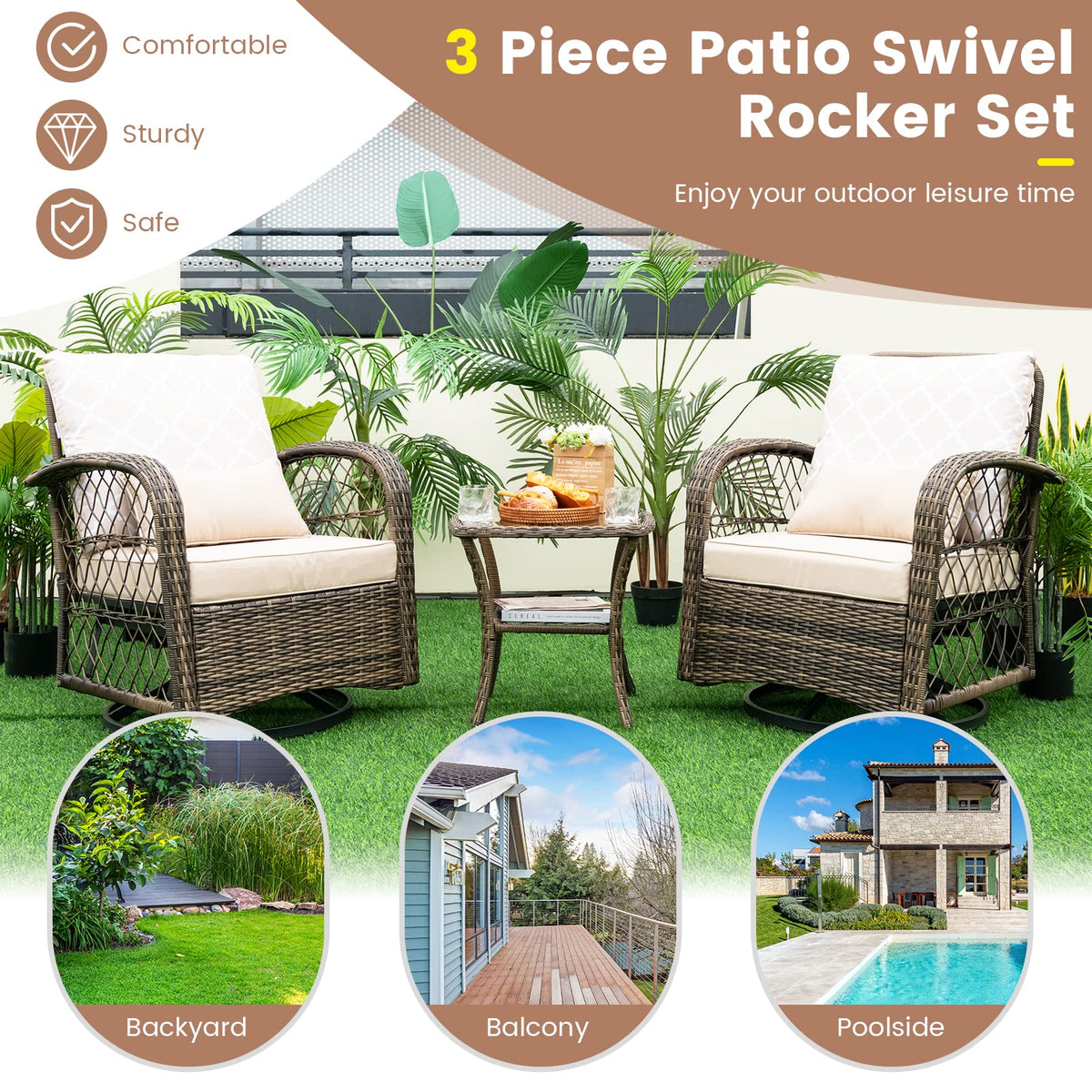 Tangkula 3-Piece Patio Swivel Rocker Set, Wicker Swivel Rocking Chairs - NP10975MS+