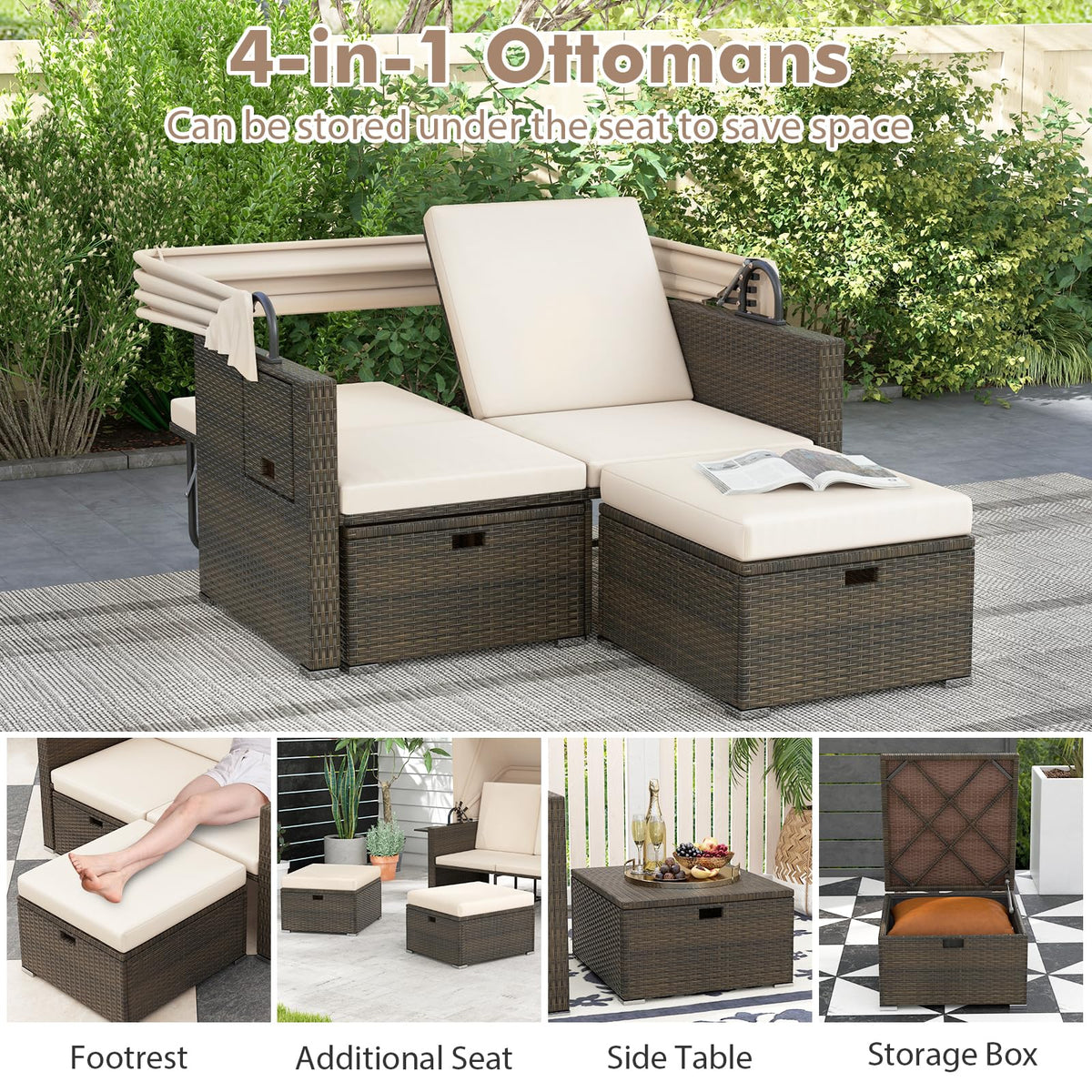 Tangkula Outdoor Patio Rattan Daybed w/Retractable Canopy & Adjustable Backrests - HW72573BN+