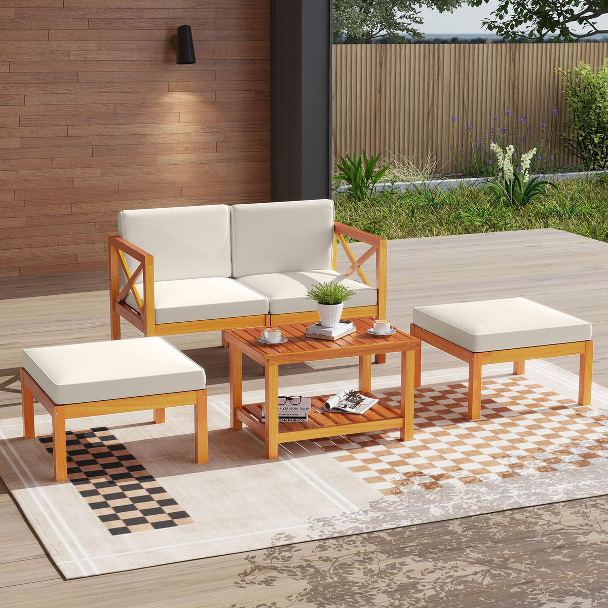 Tangkula 5 Pieces Acacia Wood Patio Chaise Lounge Chair Set with Ottomans and Cushions - HW72989WH+