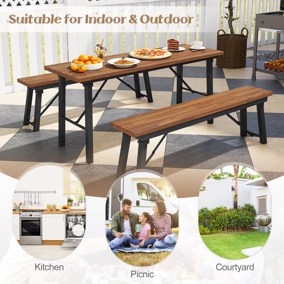Tangkula Outdoor Dining Table With Benches for 4-6 Persons, No Assembly - HV10581+HV10582