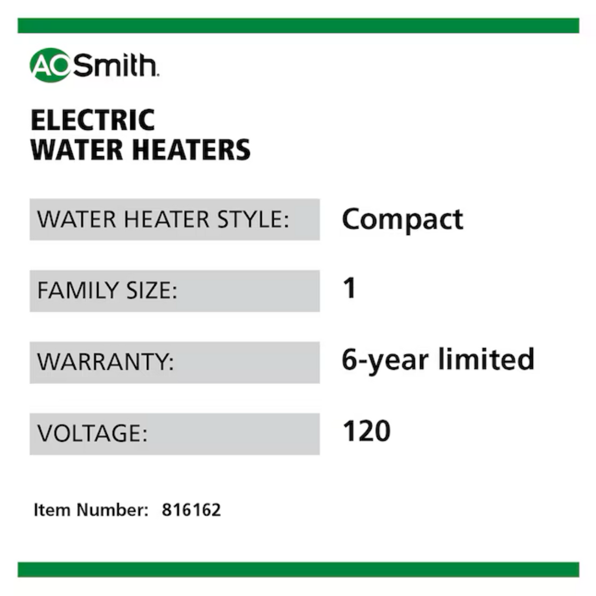 A.O. Smith Signature 100 Series 6-Gallon Compact  Point Of Use Electric Water Heater - Item #816162 | Model #E6-6C15SV