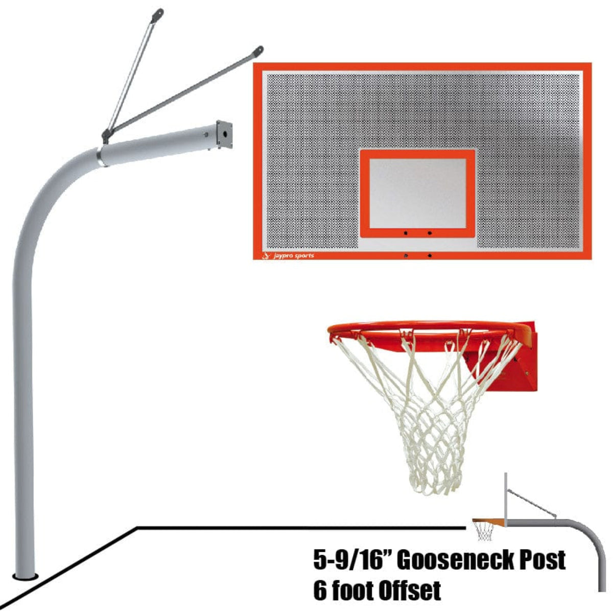 Jaypro Gooseneck Basketball System (5-9/16" Pole with 6' Offset) 72"W x 42"H Perforated Steel Backboard - 656-PERF-SG