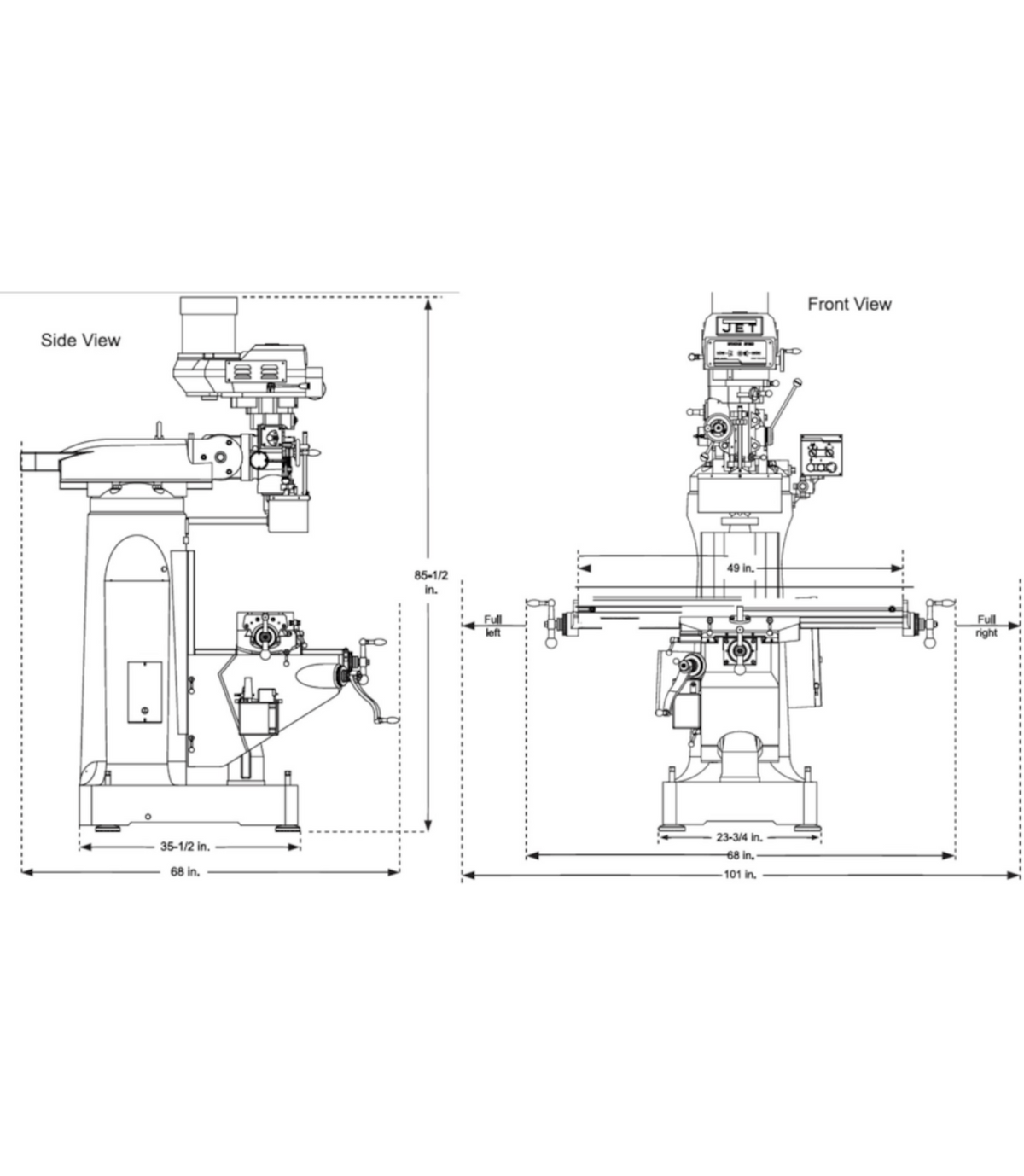 JET Elite ETM-949EVS, Elite 9x49 Electronic Variable Speed Mill 230V, 3Ph - JT9-894050