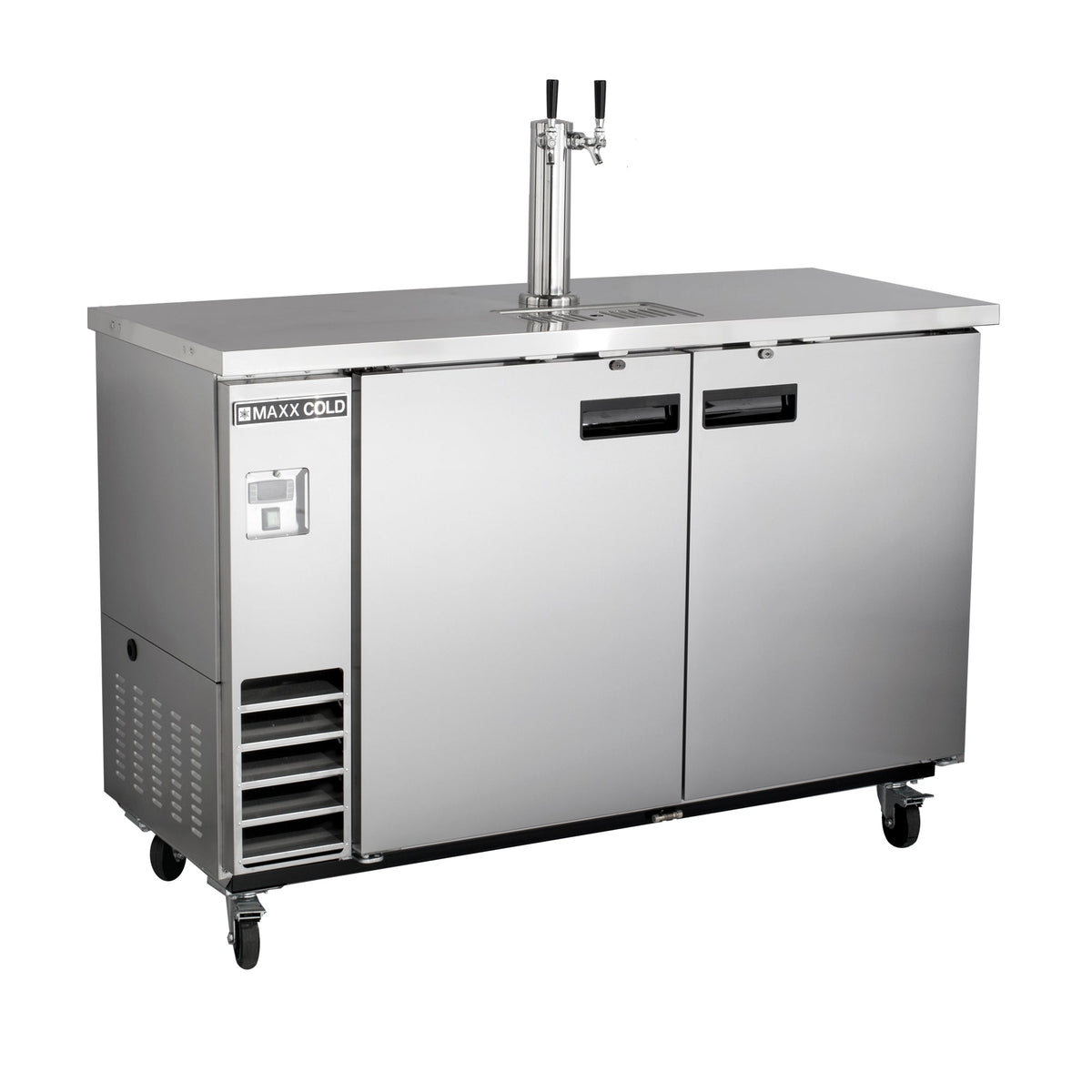 Maxx Cold Single Tower, 2 Tap Beer Dispenser, 61"W, 14.2 cu. ft., 2 Barrels/Kegs (402L) Storage Capacity, in Stainless Steel - MXBD60-1SHC