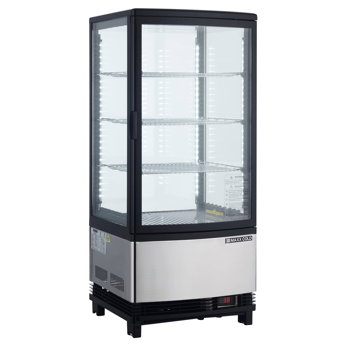 Maxx Cold 4-Sided Glass Merchandiser Refrigerator, Countertop/Floor Display, 16.7"W, 3 cu. ft. Storage Capacity, in Black/Stainless Steel - MECR-31D